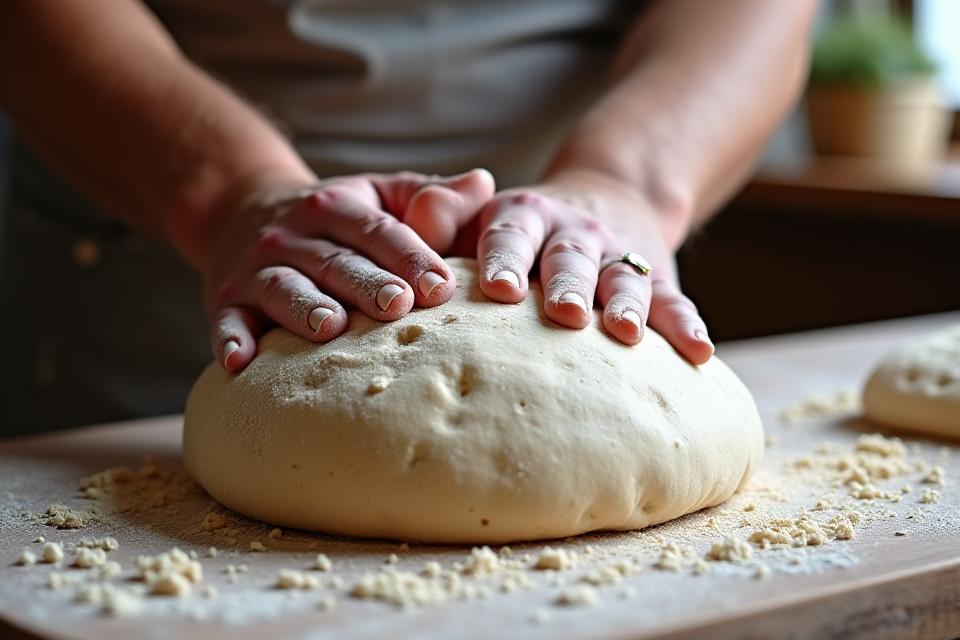 Ambachtelijke bakker die deeg kneedt met passie