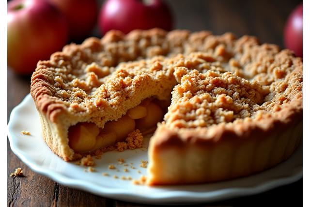 Verse appeltaart met een royale laag kruimels en kaneel