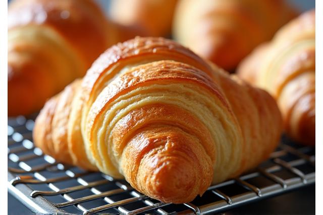 Gouden, schilferige croissants op een bakplaat