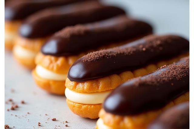 Glanzende chocolade eclairs gevuld met patisseriecrème