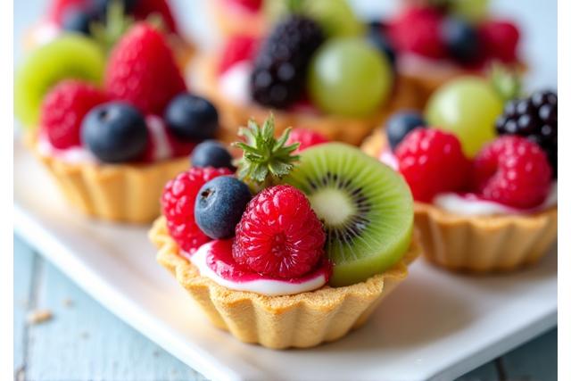 Kleine, kleurrijke fruit taartjes met vers seizoensfruit
