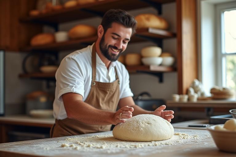 Een bakker die met passie brood kneedt in een ambachtelijke bakkerij