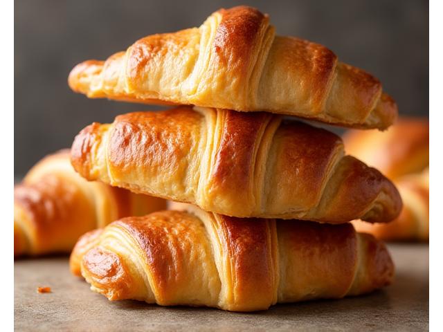 Luchtige en gouden croissants met lagen boterachtig deeg