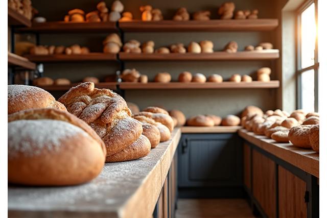 Interieur van de Broodkrans Food Works bakkerij met rijen versgebakken brood en een warme sfeer.