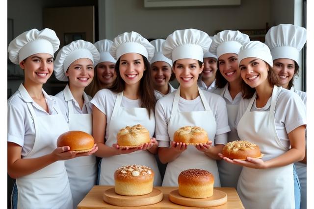 Groep lachende deelnemers met chef-koksmutsen na een succesvolle bakworkshop