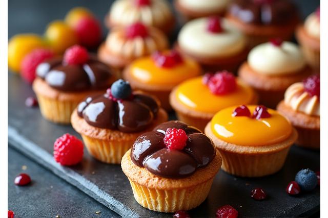 Diverse prachtig opgemaakte dessertpatisserieën na een workshop